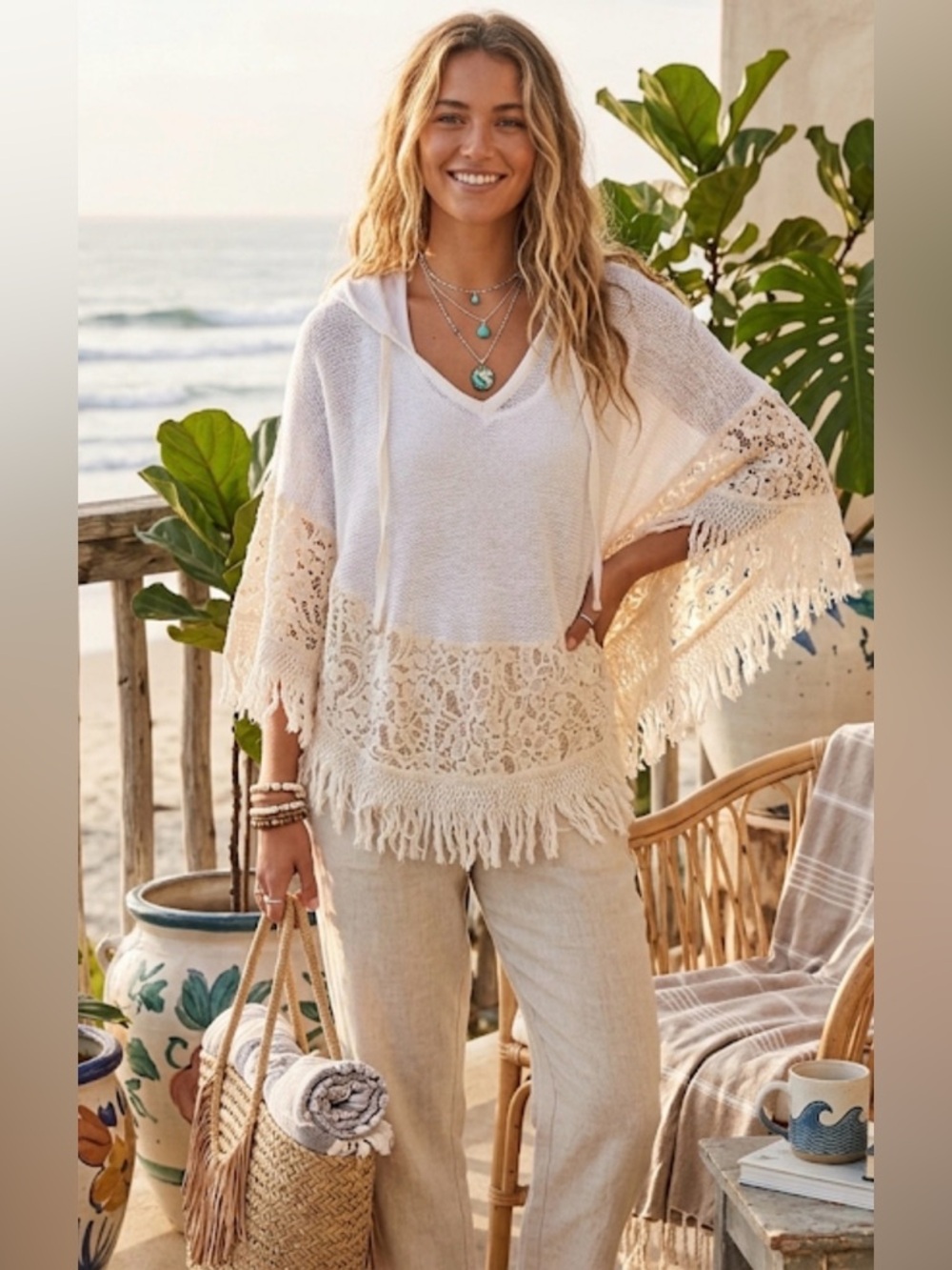 Elegant Cream Lace-Trimmed Women's Sweater Coverup Beachy Boho Fairycore